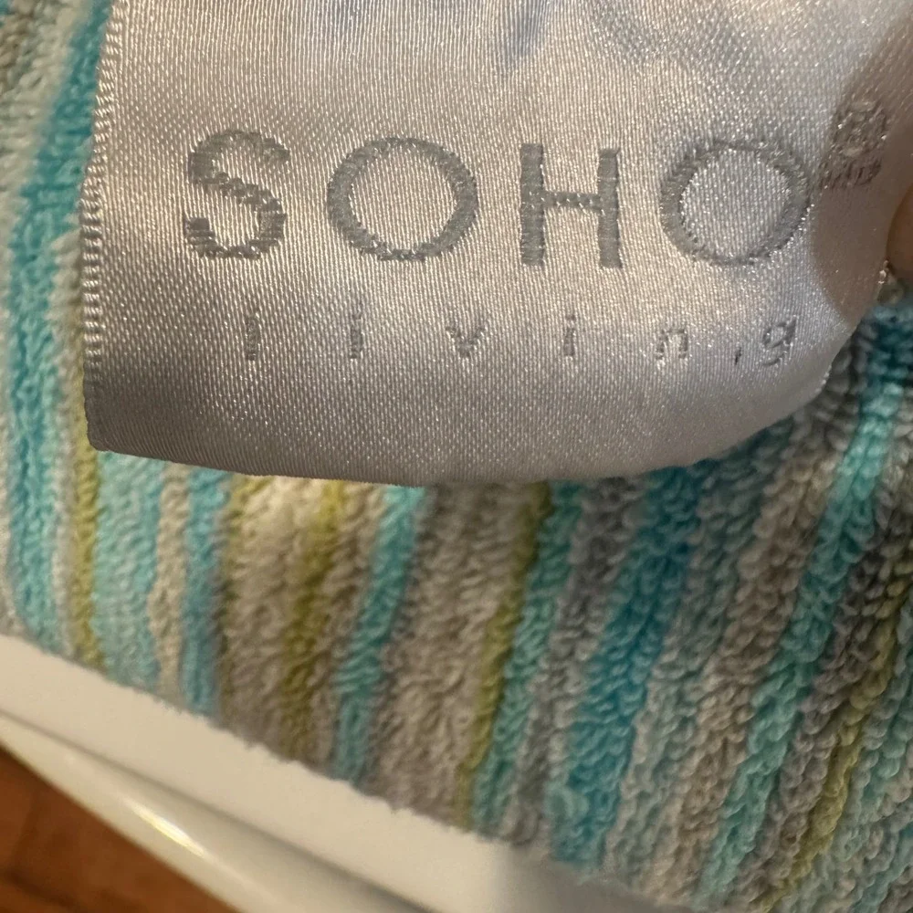 Soho Living Bath Towel Set 9 Piece Blue Green Striped 100% Cotton Coastal